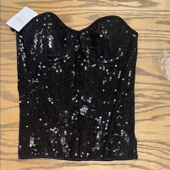 Daisy Corset Black Sequin Bustier Top – Strapless Sweetheart Neckline - Picture 2 of 10